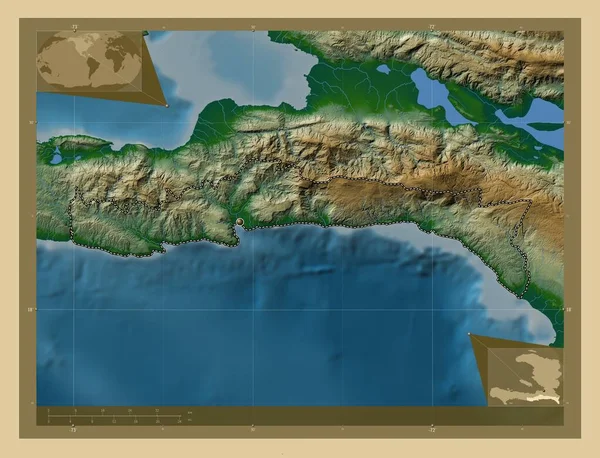 海地省东南省Sud Est 有湖泊和河流的彩色高程图 角辅助位置图 — 图库照片