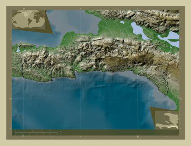 Sud-Est, Haiti Bölümü. Yükseklik haritası göller ve nehirlerle wiki tarzında renklendirilmiş. Bölgenin büyük şehirlerinin yerleri. Köşedeki yedek konum haritaları
