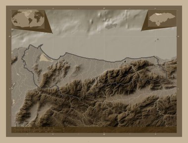 Atlantida, Honduras Departmanı. Yükseklik haritası sepya tonlarında göller ve nehirlerle renklendirilmiş. Köşedeki yedek konum haritaları