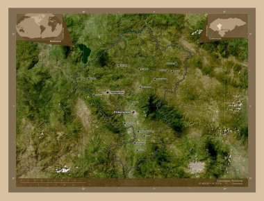 Comayagua, Honduras Departmanı. Düşük çözünürlüklü uydu. Bölgenin büyük şehirlerinin yerleri ve isimleri. Köşedeki yedek konum haritaları