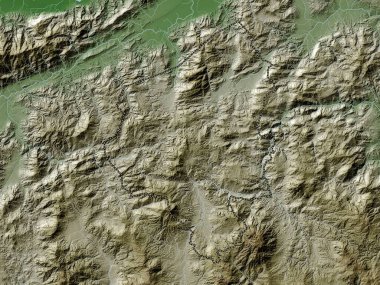 Copan, Honduras Departmanı. Yükseklik haritası göller ve nehirlerle wiki stilinde renklendirilmiştir