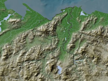 Cortes, Honduras Departmanı. Yükseklik haritası göller ve nehirlerle wiki stilinde renklendirilmiştir