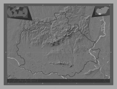Baranya, Macaristan Bölgesi. Göllü ve nehirli çift katlı yükseklik haritası. Bölgenin büyük şehirlerinin yerleri. Köşedeki yedek konum haritaları