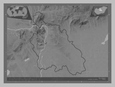 Macaristan 'ın baş belası. Gölleri ve nehirleri olan gri tonlama yükseklik haritası. Bölgenin büyük şehirlerinin yerleri ve isimleri. Köşedeki yedek konum haritaları