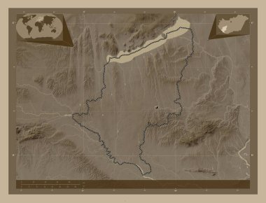 Somogy, Macaristan Bölgesi. Yükseklik haritası sepya tonlarında göller ve nehirlerle renklendirilmiş. Köşedeki yedek konum haritaları