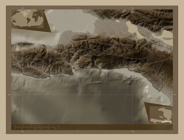 Sud Est Departamento Haití Mapa Elevación Coloreado Tonos Sepia Con —  Fotos de Stock