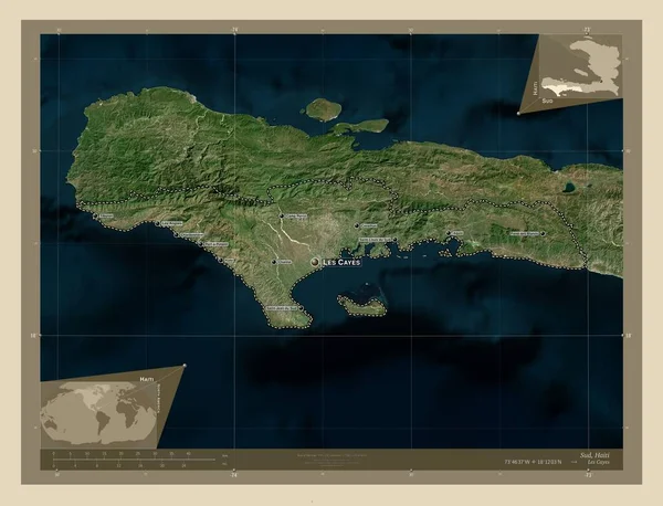 Sud Departament Haiti Mapa Satelity Wysokiej Rozdzielczości Lokalizacje Nazwy Głównych — Zdjęcie stockowe