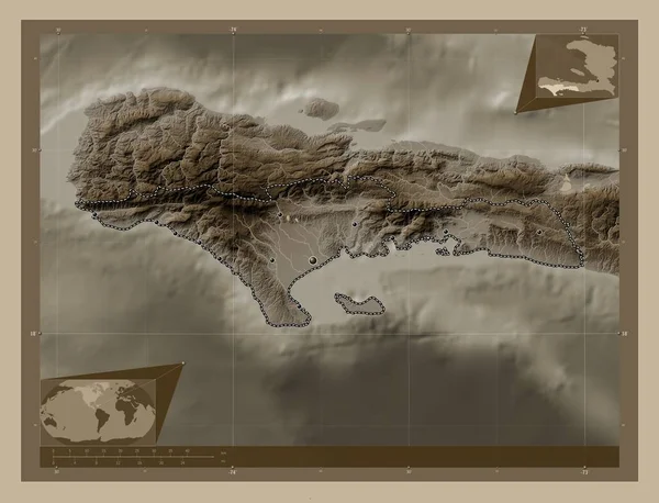 Sud Oddělení Haiti Zdvihová Mapa Zbarvená Sépiovými Tóny Jezery Řekami — Stock fotografie