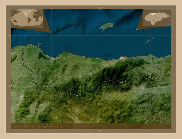 Atlantida Τμήμα Ονδούρας Δορυφορικός Χάρτης Χαμηλής Ανάλυσης Γωνιακοί Χάρτες Βοηθητικής — Φωτογραφία Αρχείου
