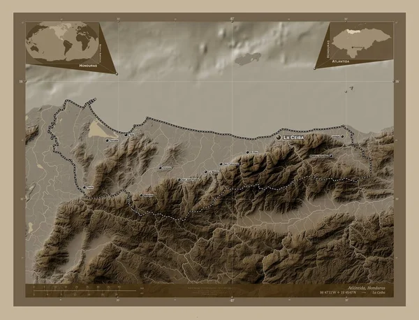 Атлантида Департамент Гондураса Карта Высоты Окрашенная Сепиевые Тона Озерами Реками — стоковое фото