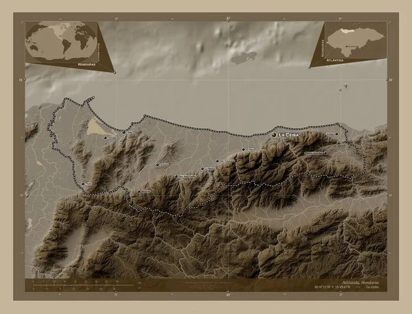 Atlantida Departamento Honduras Mapa Elevación Coloreado Tonos Sepia Con Lagos —  Fotos de Stock