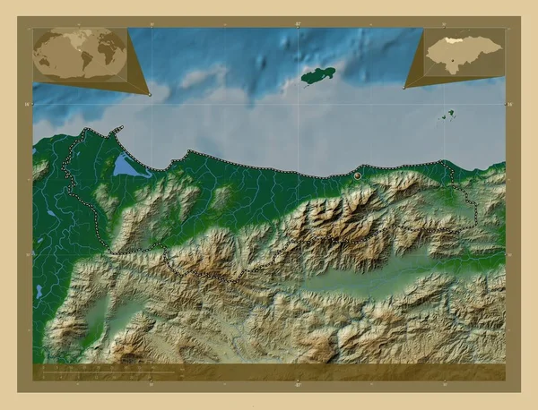 Atlantida Τμήμα Ονδούρας Χρωματιστός Υψομετρικός Χάρτης Λίμνες Και Ποτάμια Γωνιακοί — Φωτογραφία Αρχείου