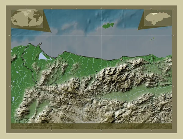 Атлантида Департамент Гондураса Карта Высоты Окрашенная Вики Стиле Озерами Реками — стоковое фото