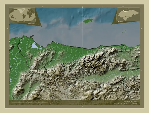 洪都拉斯省Atlantida 用Wiki风格绘制的带有湖泊和河流的高程地图 该区域主要城市的地点和名称 角辅助位置图 — 图库照片