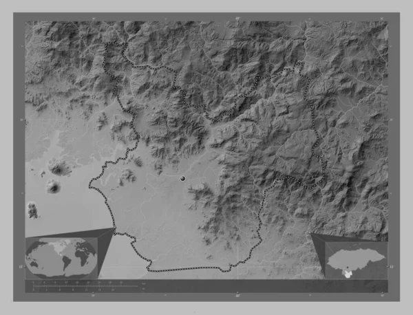 Choluteca Department Honduras Grayscale Elevation Map Lakes Rivers Corner Auxiliary — Stock Photo, Image