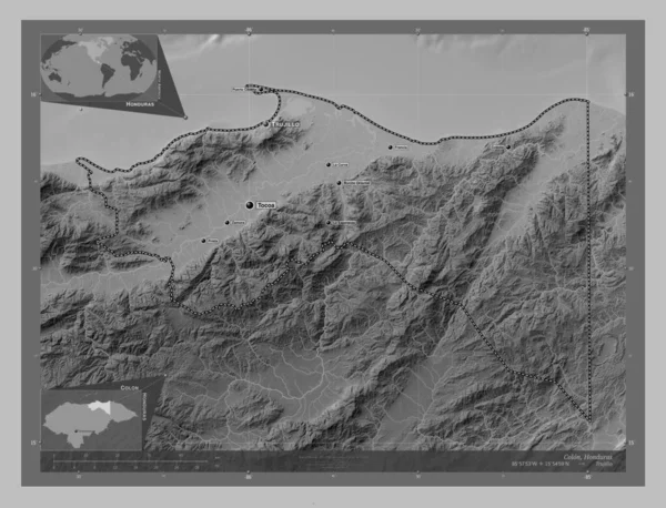 Колон Департамент Гондураса Карта Высот Оттенках Серого Озерами Реками Места — стоковое фото