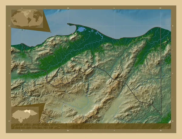 Колон Департамент Гондурасу Кольорові Карти Висот Озерами Річками Кутові Допоміжні — стокове фото