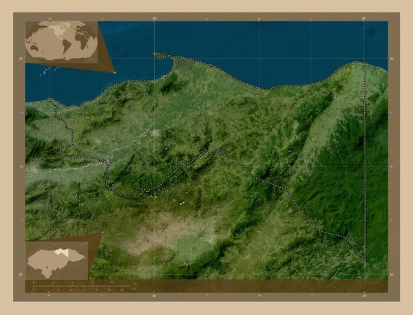 Κολόν Τμήμα Ονδούρας Δορυφορικός Χάρτης Χαμηλής Ανάλυσης Γωνιακοί Χάρτες Βοηθητικής — Φωτογραφία Αρχείου