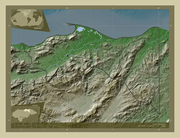 Колон Департамент Гондураса Карта Высоты Окрашенная Вики Стиле Озерами Реками — стоковое фото