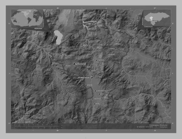 洪都拉斯科马亚瓜省 带有湖泊和河流的灰度高程图 该区域主要城市的地点和名称 角辅助位置图 — 图库照片