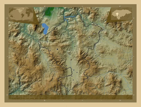 Comayagua Departament Hondurasu Kolorowa Mapa Wzniesień Jeziorami Rzekami Lokalizacje Dużych — Zdjęcie stockowe