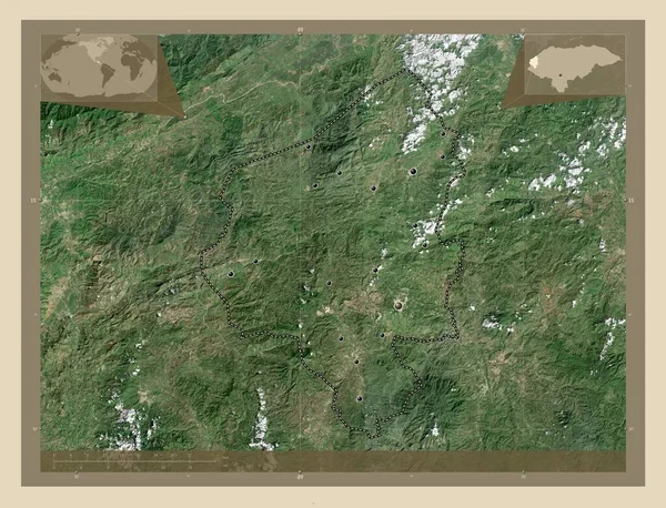 洪都拉斯省 高分辨率卫星地图 该区域主要城市的所在地点 角辅助位置图 — 图库照片