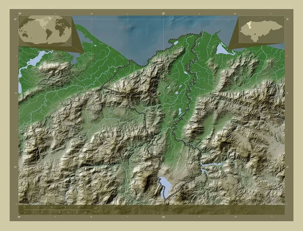 Cortes Honduras Departmanı Yükseklik Haritası Göller Nehirlerle Wiki Tarzında Renklendirilmiş — Stok fotoğraf
