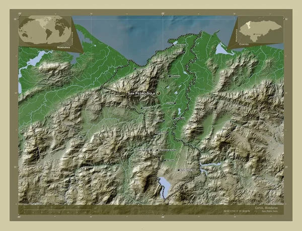 Cortes Oddělení Hondurasu Zdvihová Mapa Zbarvená Stylu Wiki Jezery Řekami — Stock fotografie