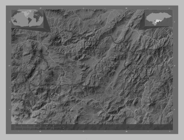 Paraiso 洪都拉斯省 带有湖泊和河流的灰度高程图 角辅助位置图 — 图库照片