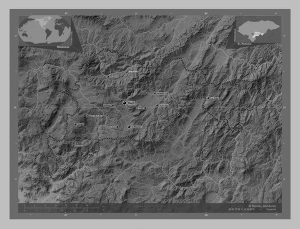 Paraiso Department Honduras Grayscale Elevation Map Lakes Rivers Locations Names — Stock Photo, Image