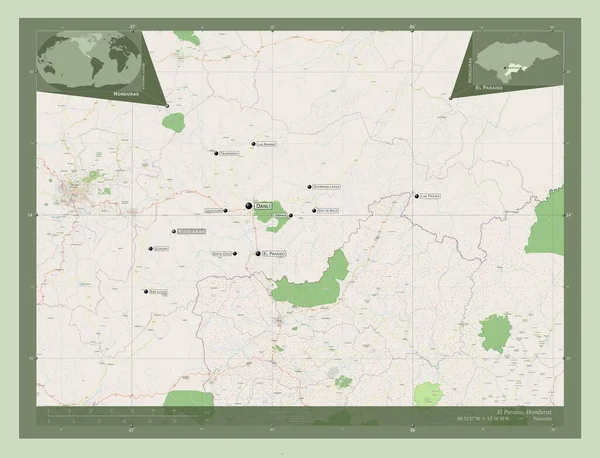 ホンジュラスのエル パライソだ ストリートマップを開く 地域の主要都市の位置と名前 コーナー補助位置図 — ストック写真