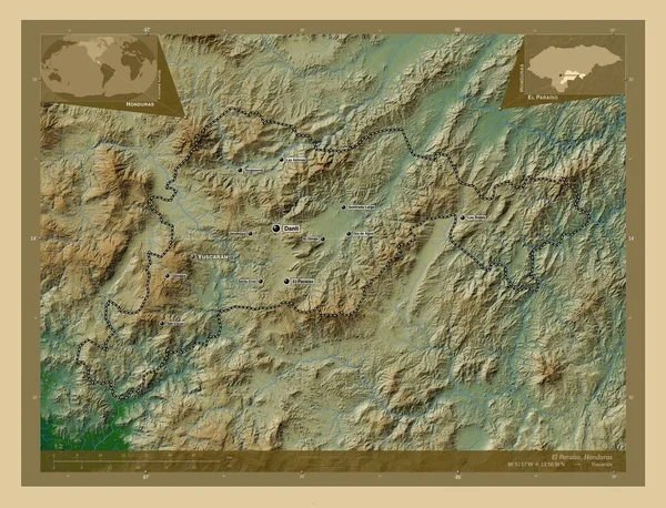 Paraiso Department Honduras Colored Elevation Map Lakes Rivers Locations Names — Stock Photo, Image