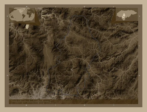 Francisco Morazan Honduras Departmanı Yükseklik Haritası Sepya Tonlarında Göller Nehirlerle — Stok fotoğraf