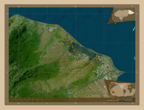 グラシアス ディオス ホンジュラス出身 低解像度衛星地図 地域の主要都市の位置と名前 コーナー補助位置図 — ストック写真