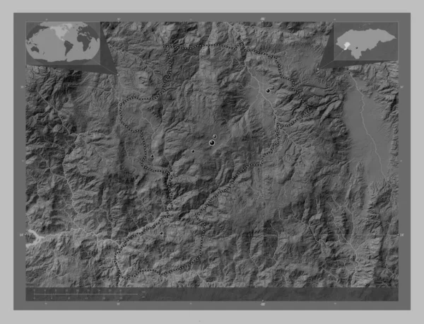 ホンジュラスのインティブカだ 湖や川とグレースケールの標高マップ 地域の主要都市の場所 コーナー補助位置図 — ストック写真