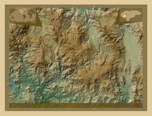 Intibuca Departament Hondurasu Kolorowa Mapa Wzniesień Jeziorami Rzekami Pomocnicze Mapy — Zdjęcie stockowe
