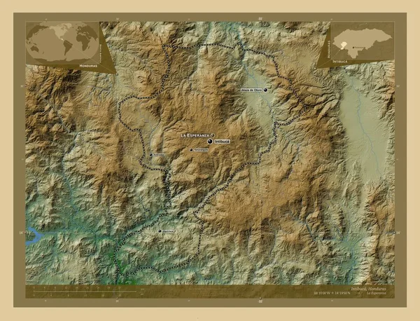 Intibuca Department Honduras Colored Elevation Map Lakes Rivers Locations Names — Stock Photo, Image