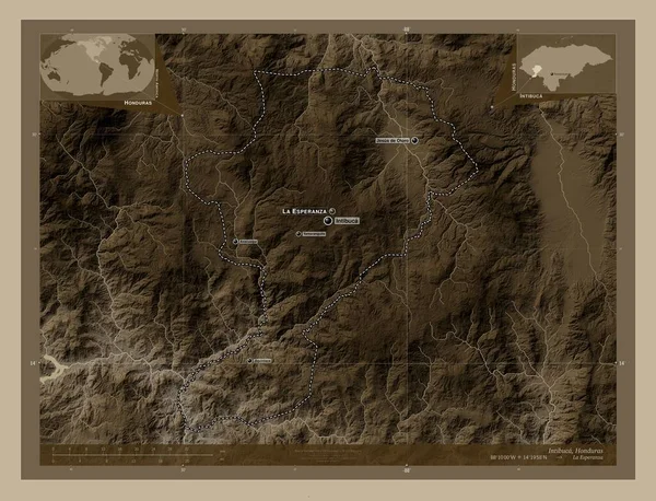 Intibuca Departament Hondurasu Mapa Elewacji Kolorowe Sepia Dźwięki Jeziorami Rzekami — Zdjęcie stockowe