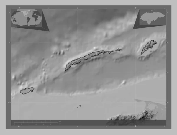 Islas Bahia Departement Honduras Grayscale Hoogte Kaart Met Meren Rivieren — Stockfoto