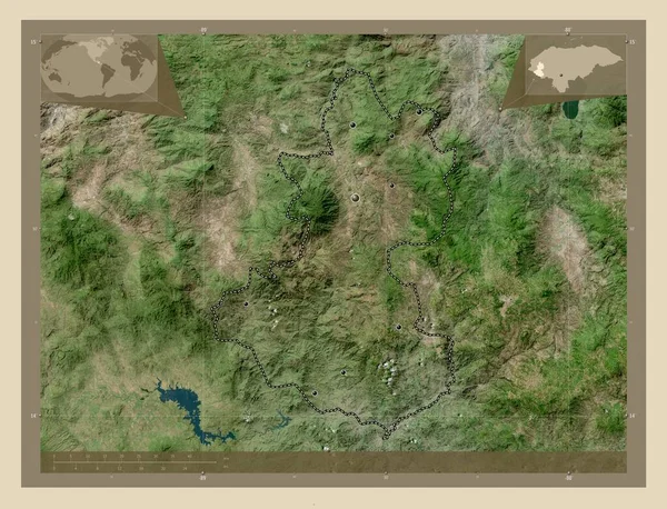 Lempira 洪都拉斯省 高分辨率卫星地图 该区域主要城市的所在地点 角辅助位置图 — 图库照片