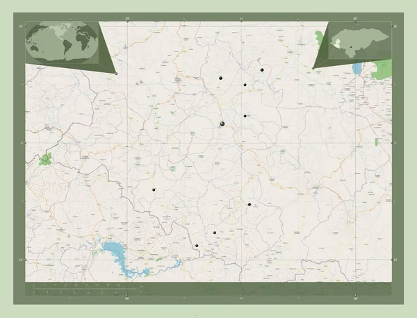 レピラ ホンジュラスの部門 ストリートマップを開く 地域の主要都市の場所 コーナー補助位置図 — ストック写真