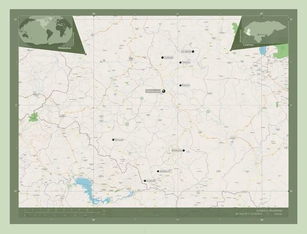 レピラ ホンジュラスの部門 ストリートマップを開く 地域の主要都市の位置と名前 コーナー補助位置図 — ストック写真
