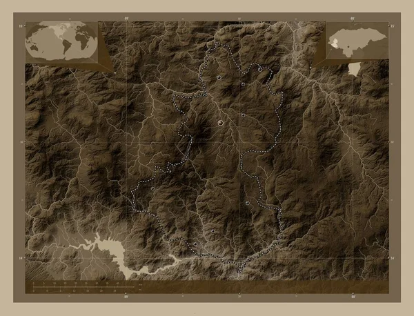 Лемпира Департамент Гондураса Карта Высоты Окрашенная Сепиевые Тона Озерами Реками — стоковое фото