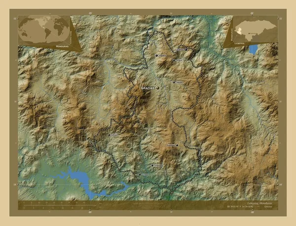 Лемпира Департамент Гондураса Цветная Карта Высоты Озерами Реками Места Названия — стоковое фото