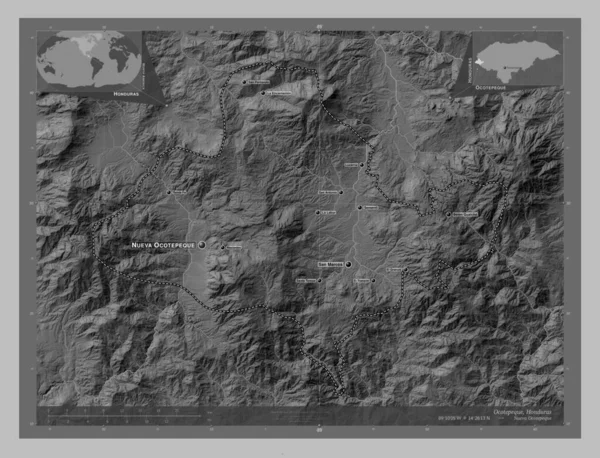 オコペケホンジュラスの部署だ 湖や川とグレースケールの標高マップ 地域の主要都市の位置と名前 コーナー補助位置図 — ストック写真