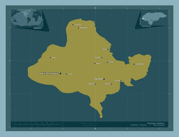 オコペケホンジュラスの部署だ しっかりした色の形 地域の主要都市の位置と名前 コーナー補助位置図 — ストック写真