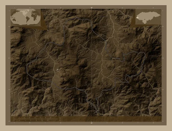 Окотепеке Департамент Гондураса Карта Высоты Окрашенная Сепиевые Тона Озерами Реками — стоковое фото
