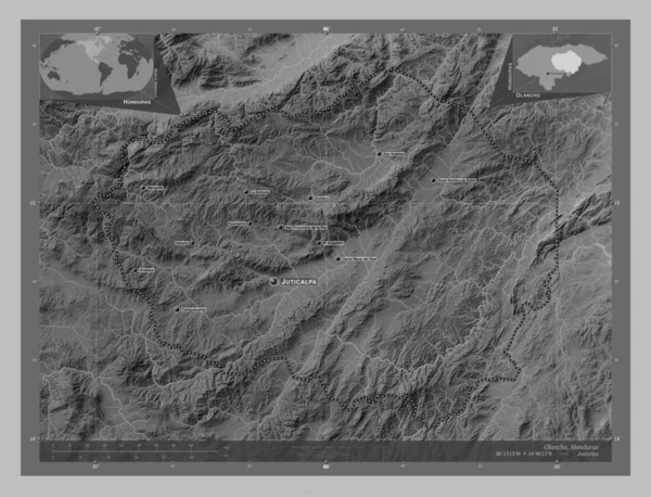 Olancho Department Honduras Grayscale Elevation Map Lakes Rivers Locations Names — Stock Photo, Image