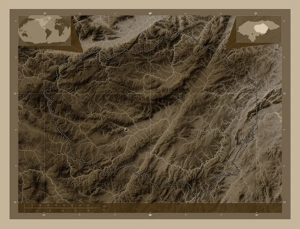 Ολάντσο Τμήμα Ονδούρας Υψόμετρο Χάρτη Χρωματισμένο Τόνους Σέπια Λίμνες Και — Φωτογραφία Αρχείου