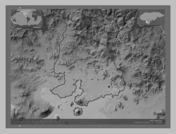 Valle Department Honduras Grayscale Elevation Map Lakes Rivers Locations Names — Stock Photo, Image